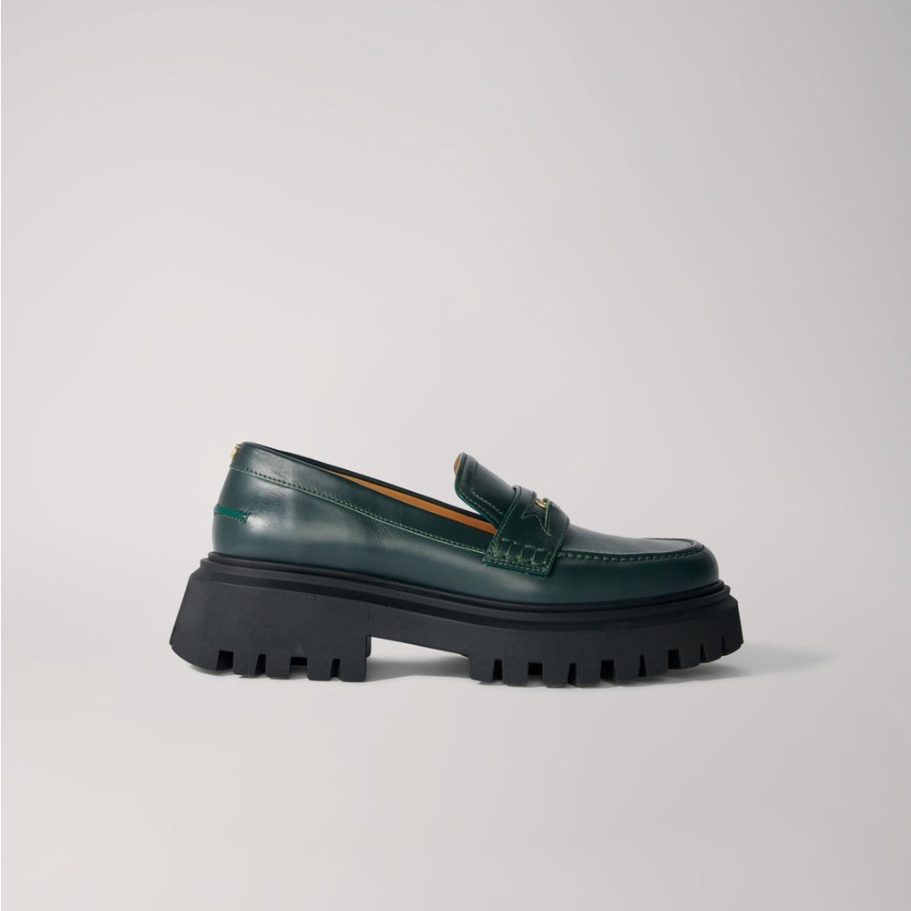 Maje Size 38 Green Leather Playform Loafers